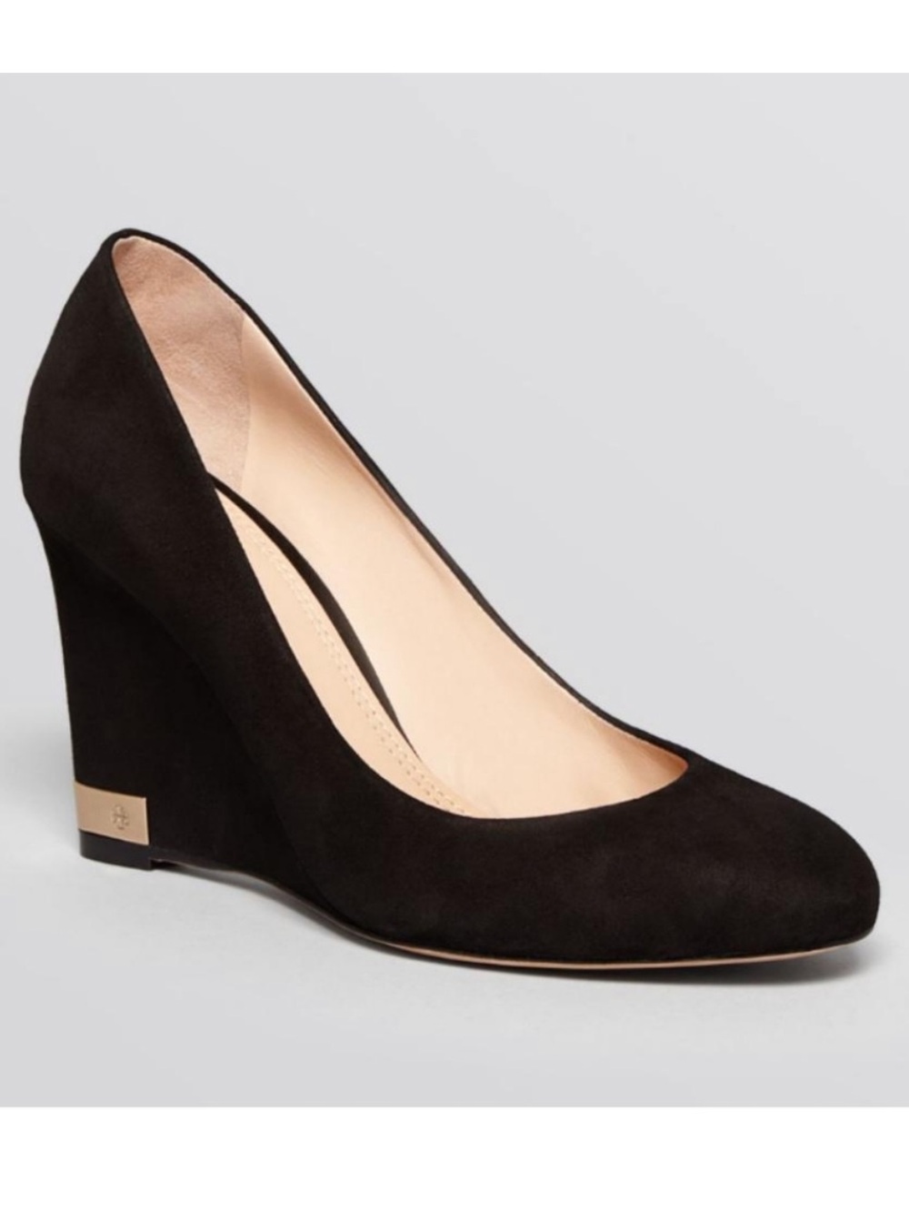 Tory Burch Astoria Black Suede Wedge Pumps Gold Logo Heel Size 9 EUC